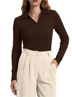 🎉Slim-fit long-sleeve polo, collared knit top V-neck businesscasual essentials.